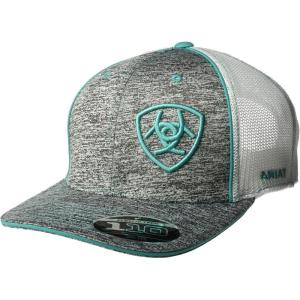 Ariat Men’s Cap, Heather Grey, Turquoise Logo, White Mesh, Flex Fit 110, Adjustable Snapback