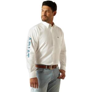 Ariat Men’s Team Logo Twill Classic Fit Shirt(White/Teal)