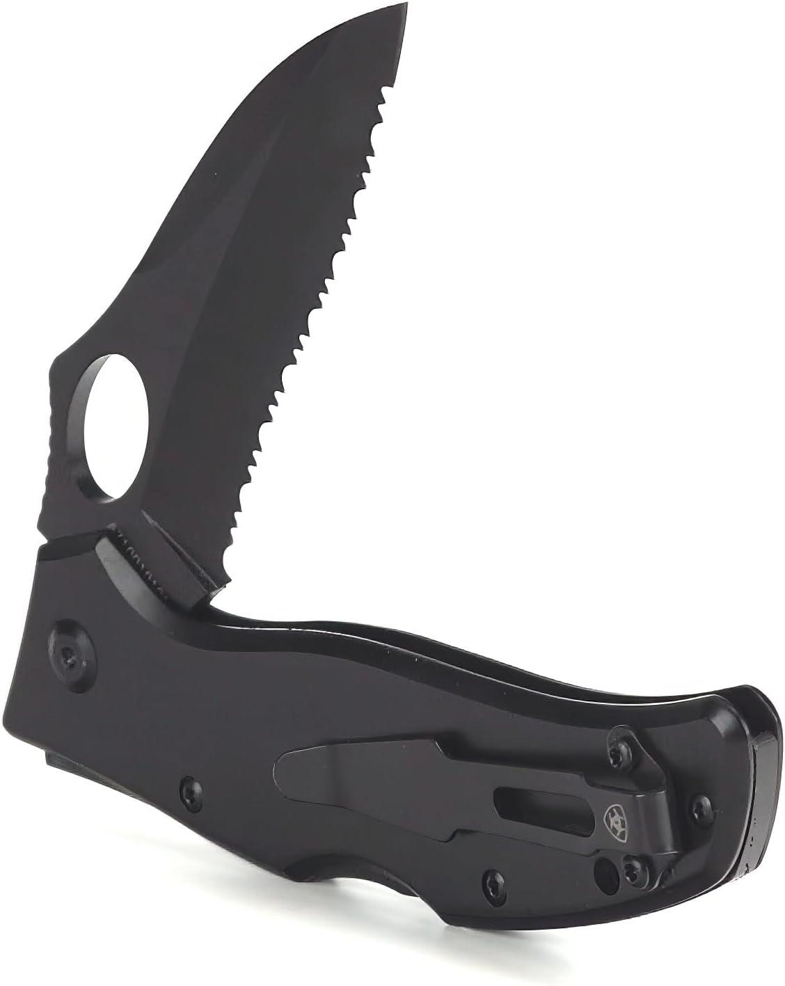 imageARIAT Engraved Shield Text Logo Serrated Blade Folding Knife Black 3quot Blade MediumBlack