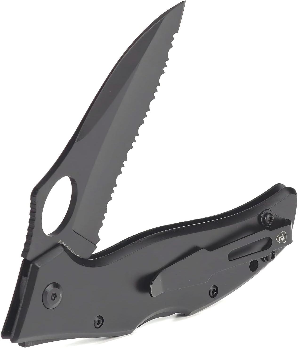 imageARIAT Engraved Shield Text Logo Serrated Blade Folding Knife Black 3quot Blade MediumBlack