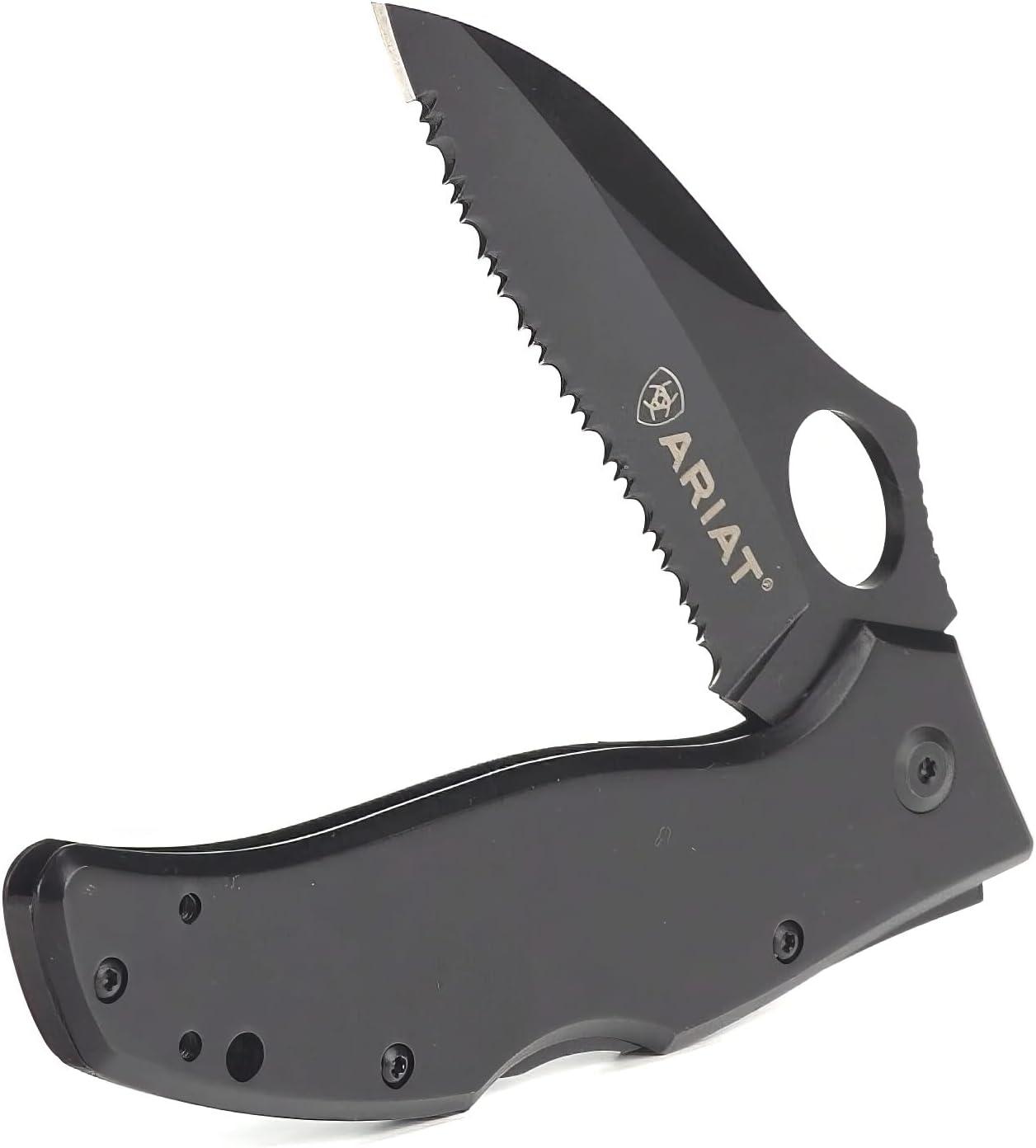 imageARIAT Engraved Shield Text Logo Serrated Blade Folding Knife Black 3quot Blade MediumBlack