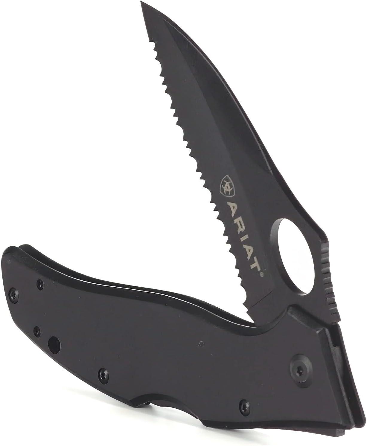 imageARIAT Engraved Shield Text Logo Serrated Blade Folding Knife Black 3quot Blade MediumBlack