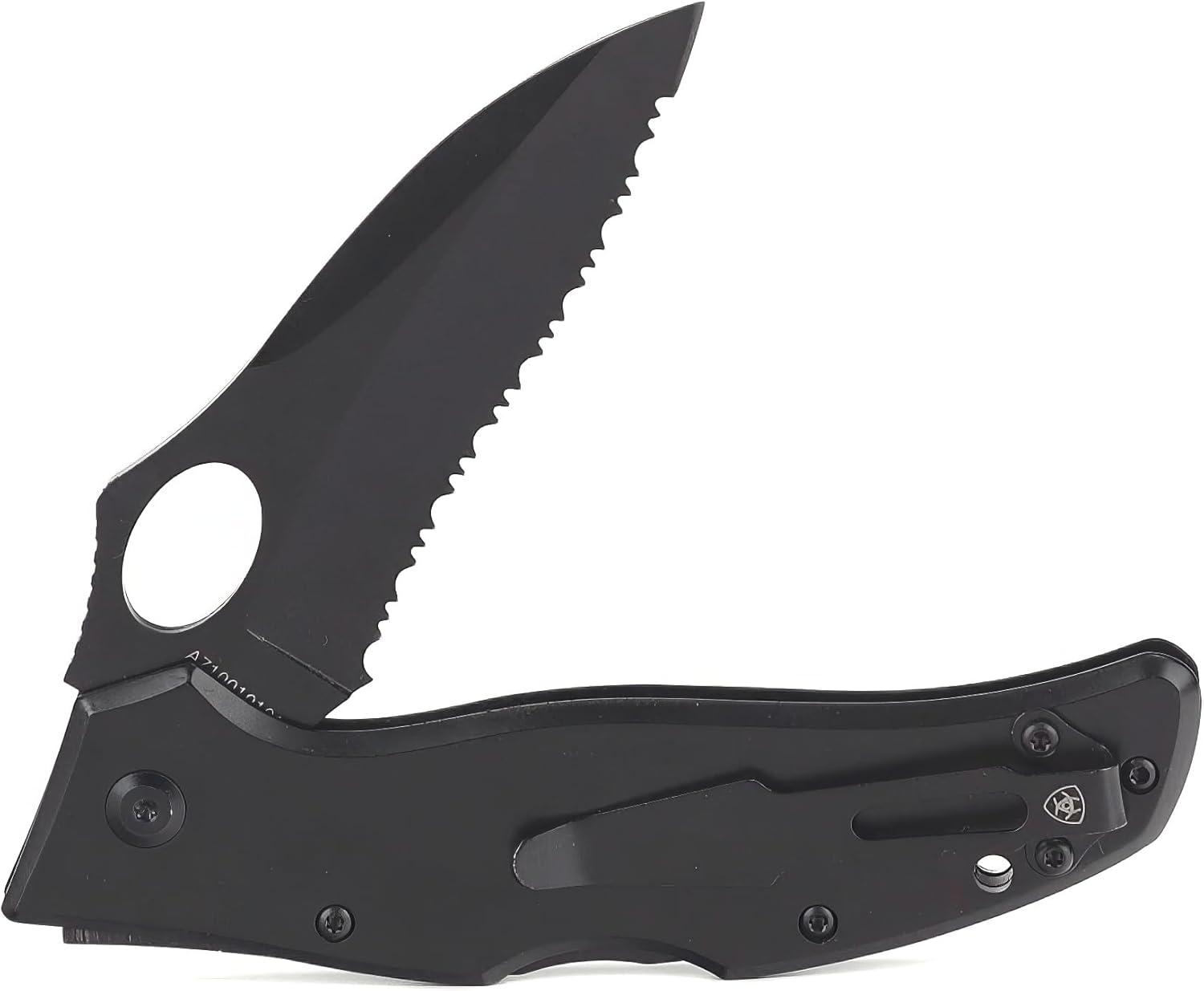 imageARIAT Engraved Shield Text Logo Serrated Blade Folding Knife Black 3quot Blade MediumBlack