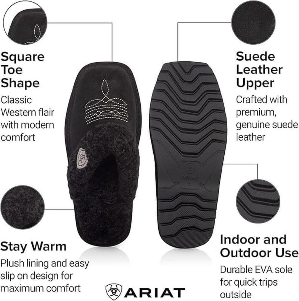imageARIAT Womens Jackie Square Toe Warm Soft Genuine Suede Leather Indoor Outdoor Slippers with Plush CollarBlack