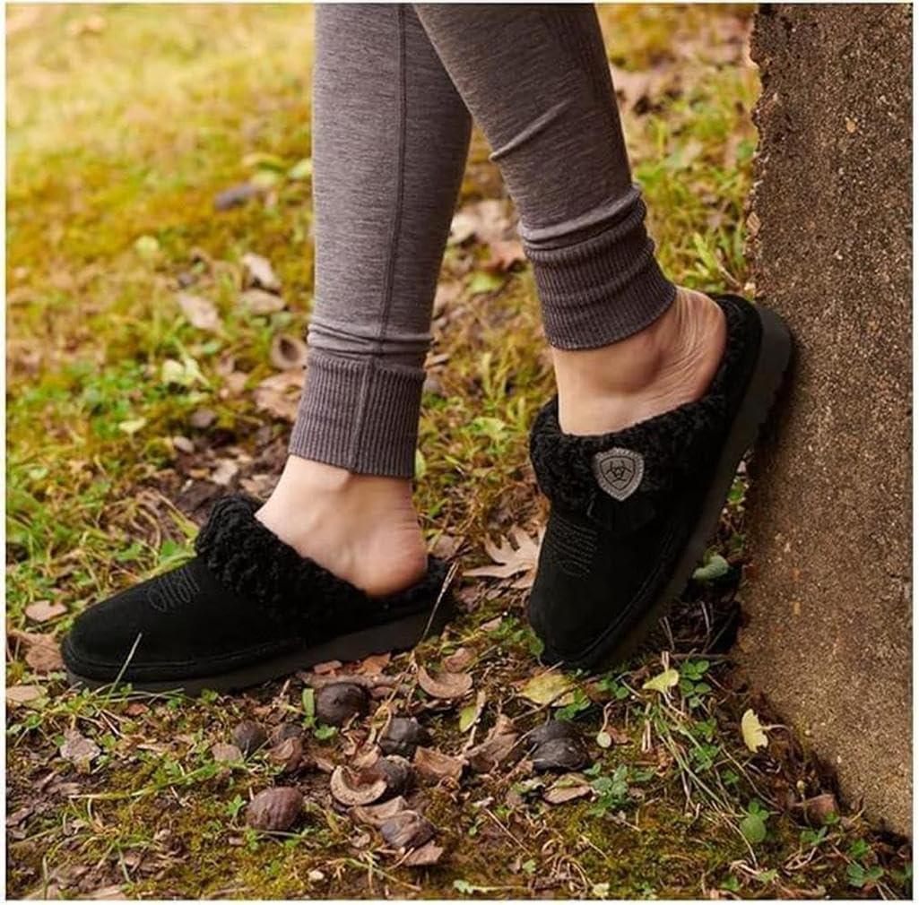 imageARIAT Womens Jackie Square Toe Warm Soft Genuine Suede Leather Indoor Outdoor Slippers with Plush CollarBlack