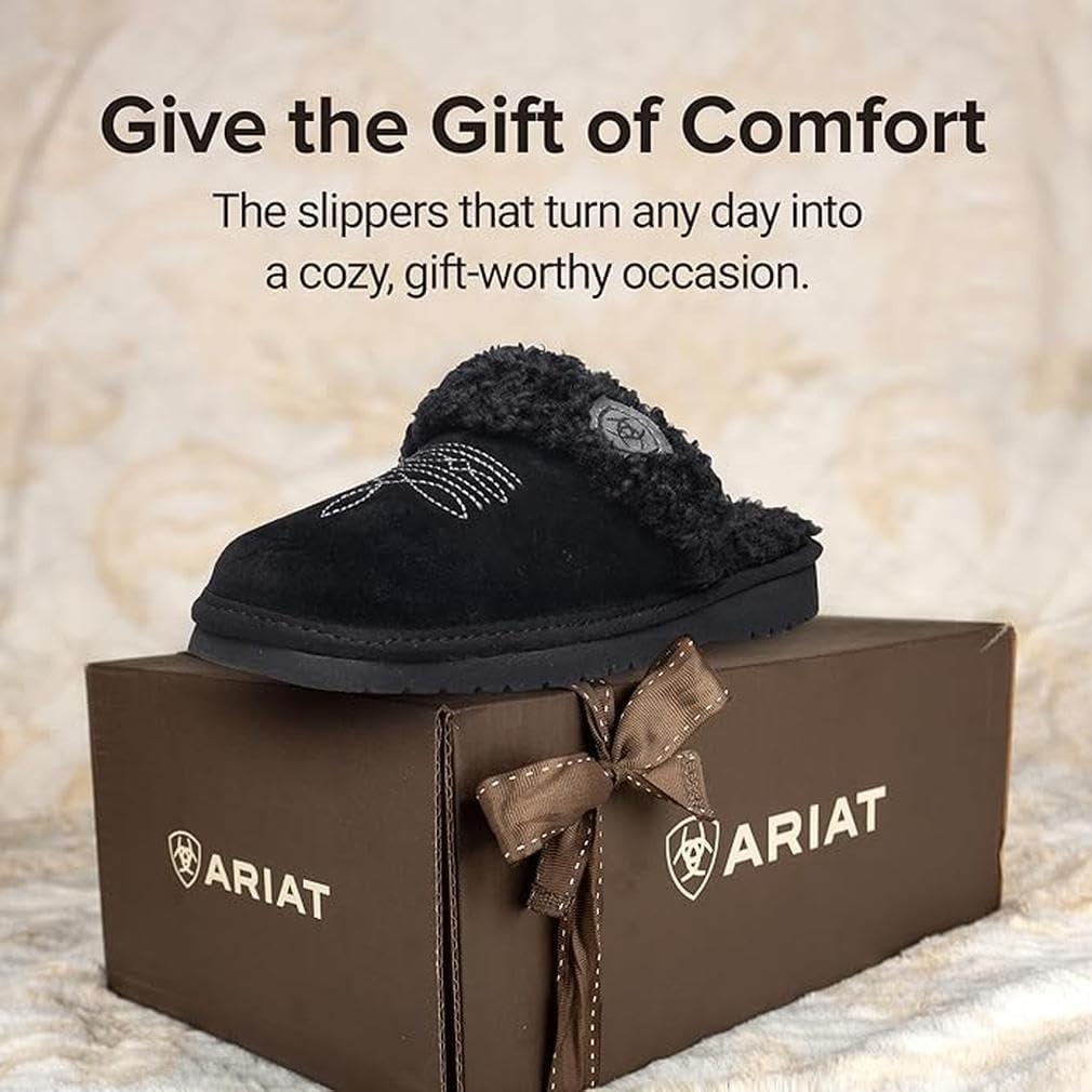 imageARIAT Womens Jackie Square Toe Warm Soft Genuine Suede Leather Indoor Outdoor Slippers with Plush CollarBlack