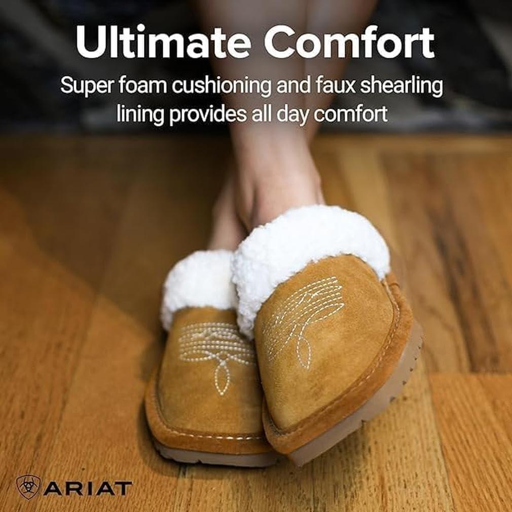 imageARIAT Womens Jackie Square Toe Warm Soft Genuine Suede Leather Indoor Outdoor Slippers with Plush CollarBlack