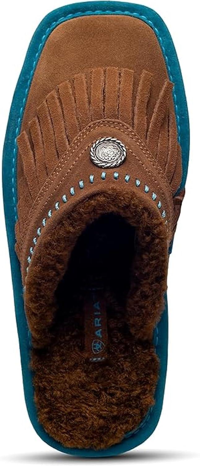 imageARIAT Womens Jackie Square Toe Warm Soft Genuine Suede Leather Indoor Outdoor Slippers with Plush CollarFringe