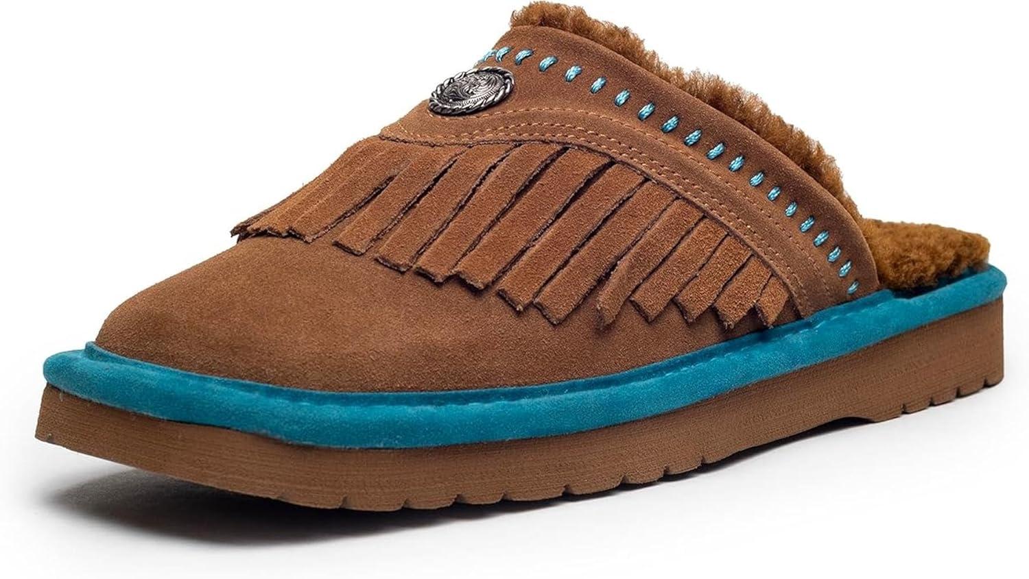 imageARIAT Womens Jackie Square Toe Warm Soft Genuine Suede Leather Indoor Outdoor Slippers with Plush CollarFringe