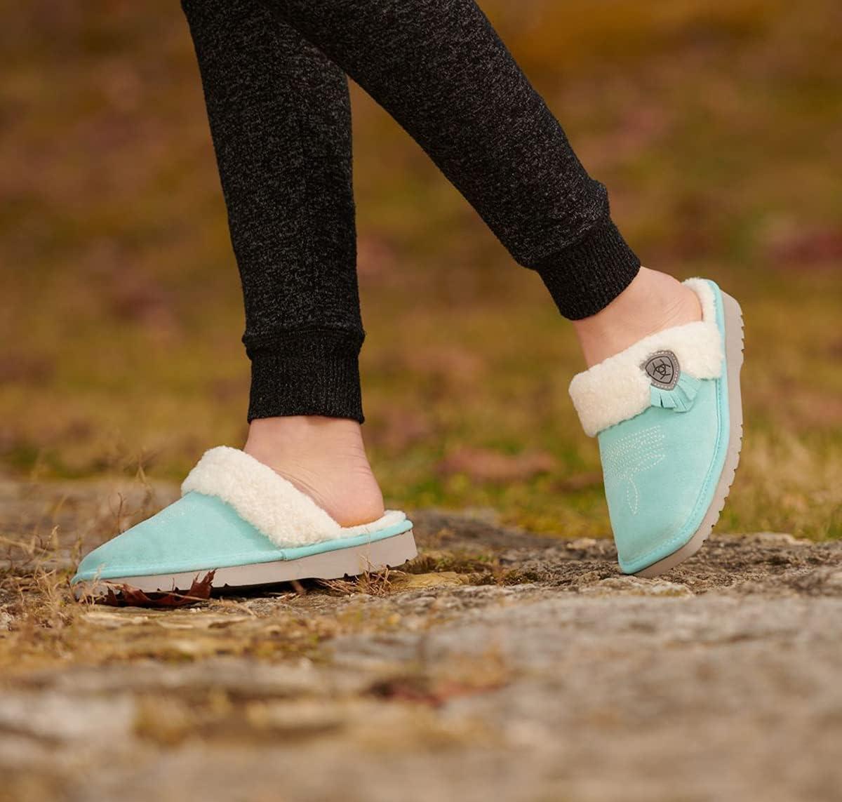 imageARIAT Womens Jackie Square Toe Warm Soft Genuine Suede Leather Indoor Outdoor Slippers with Plush CollarTurquoise