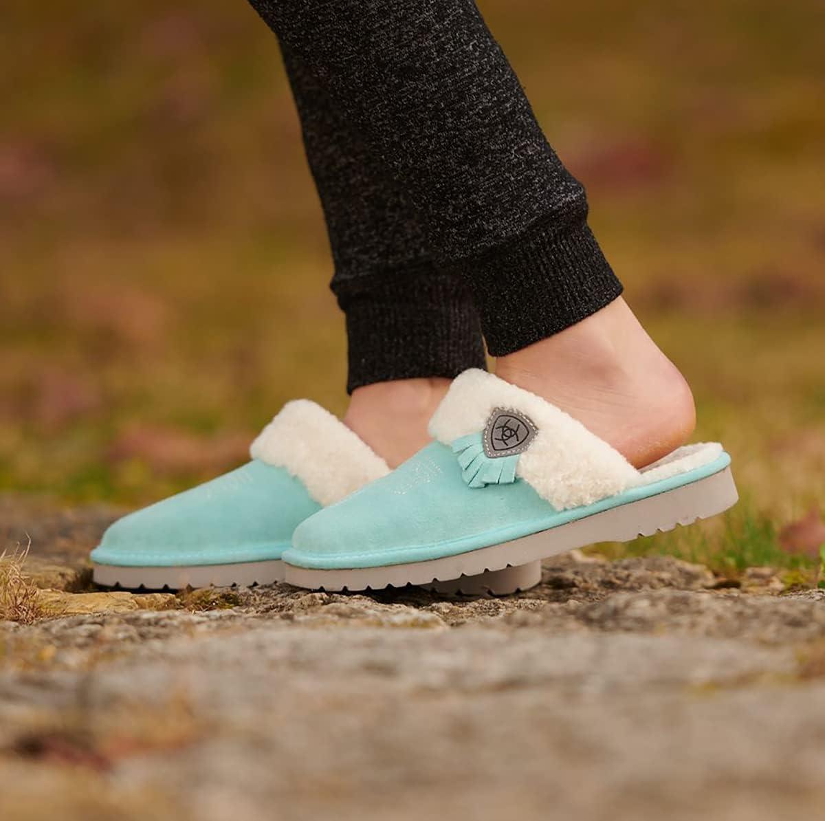 imageARIAT Womens Jackie Square Toe Warm Soft Genuine Suede Leather Indoor Outdoor Slippers with Plush CollarTurquoise