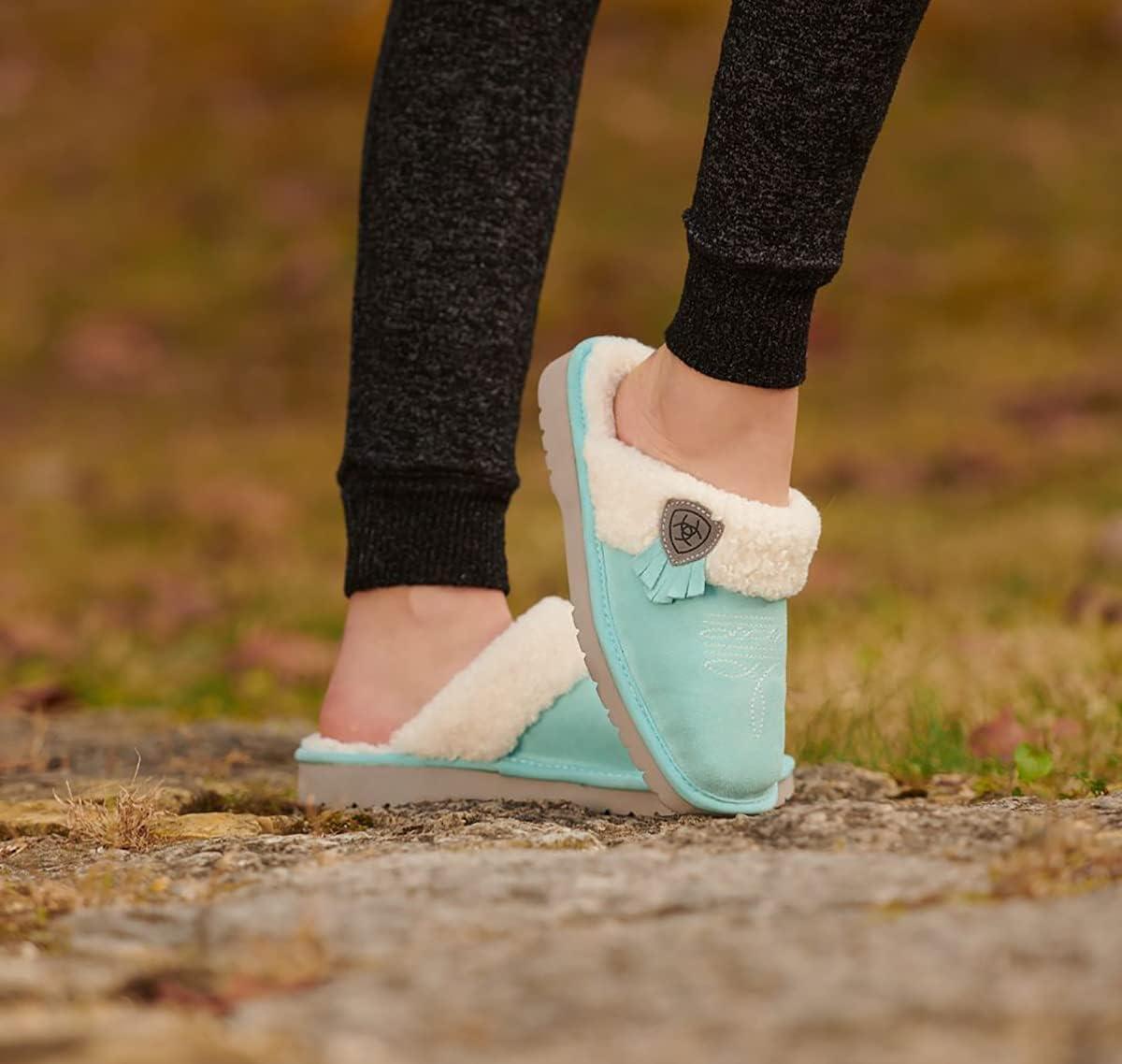 imageARIAT Womens Jackie Square Toe Warm Soft Genuine Suede Leather Indoor Outdoor Slippers with Plush CollarTurquoise