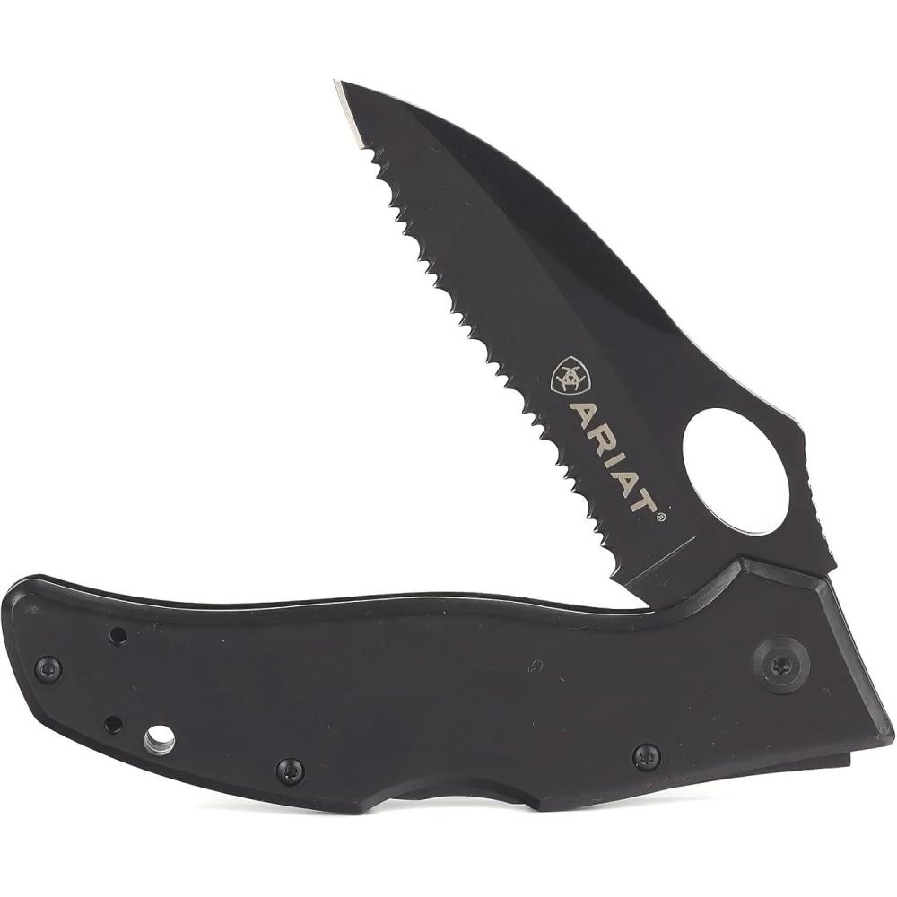 imageARIAT Engraved Shield Text Logo Serrated Blade Folding Knife Black 3quot Blade MediumBlack