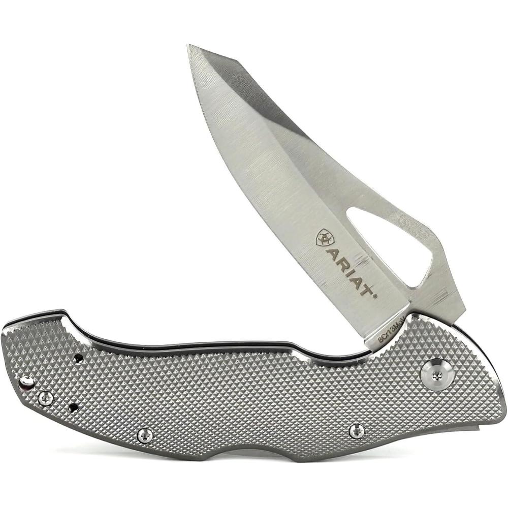 imageARIAT Engraved Shield Text Logo Smooth Blade Folding Knife Grey 35quot Blade LargeGrey