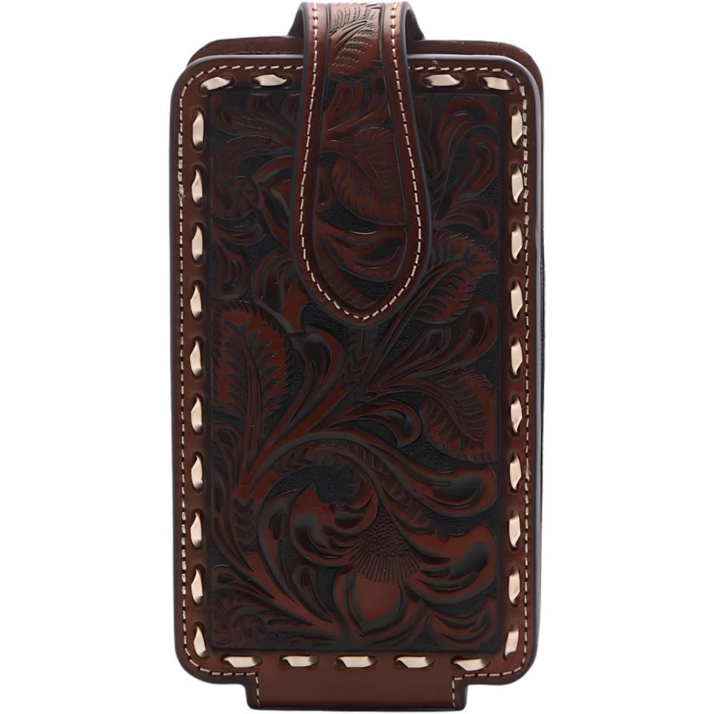 imageARIAT Floral Buck Lace Leather Cell Phone Case  Fits iPhone 171615 ampamp Pro Galaxy S24S23S22S21 ampamp Similar Smartphones  Magnetic Flap  360 Belt Clip  Brown Small 314quot x 534quot