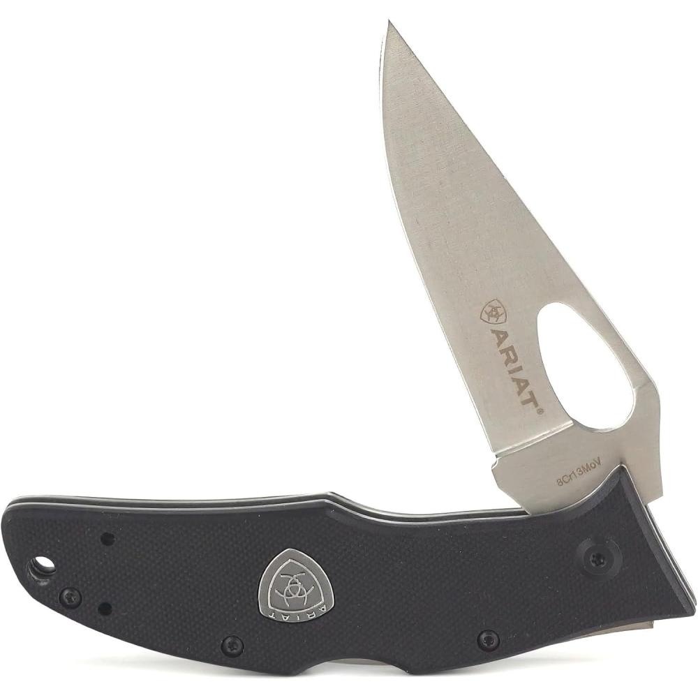 imageARIAT Inset Shield Logo Plain Edge Blade Folding Knife Black 35quot Blade LargeBlack