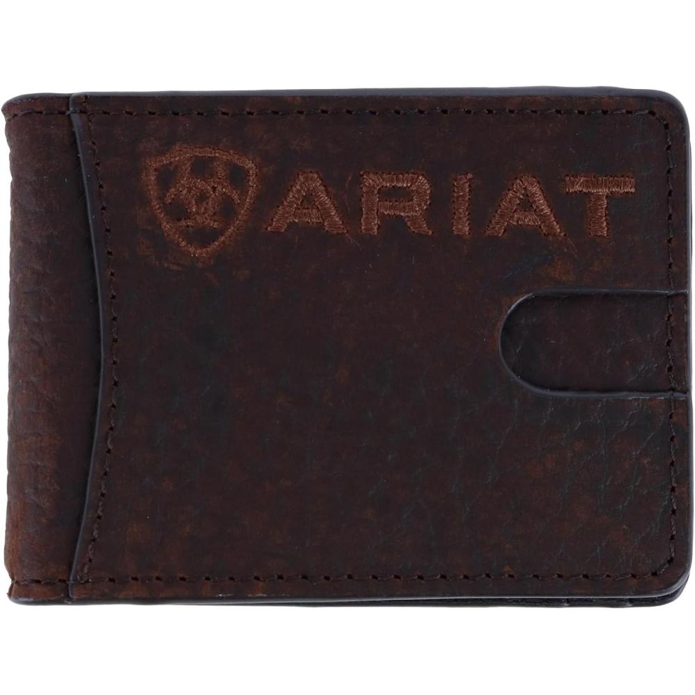 imageARIAT Mens Large Logo Bull Hide Leather Bifold Money Clip Wallet