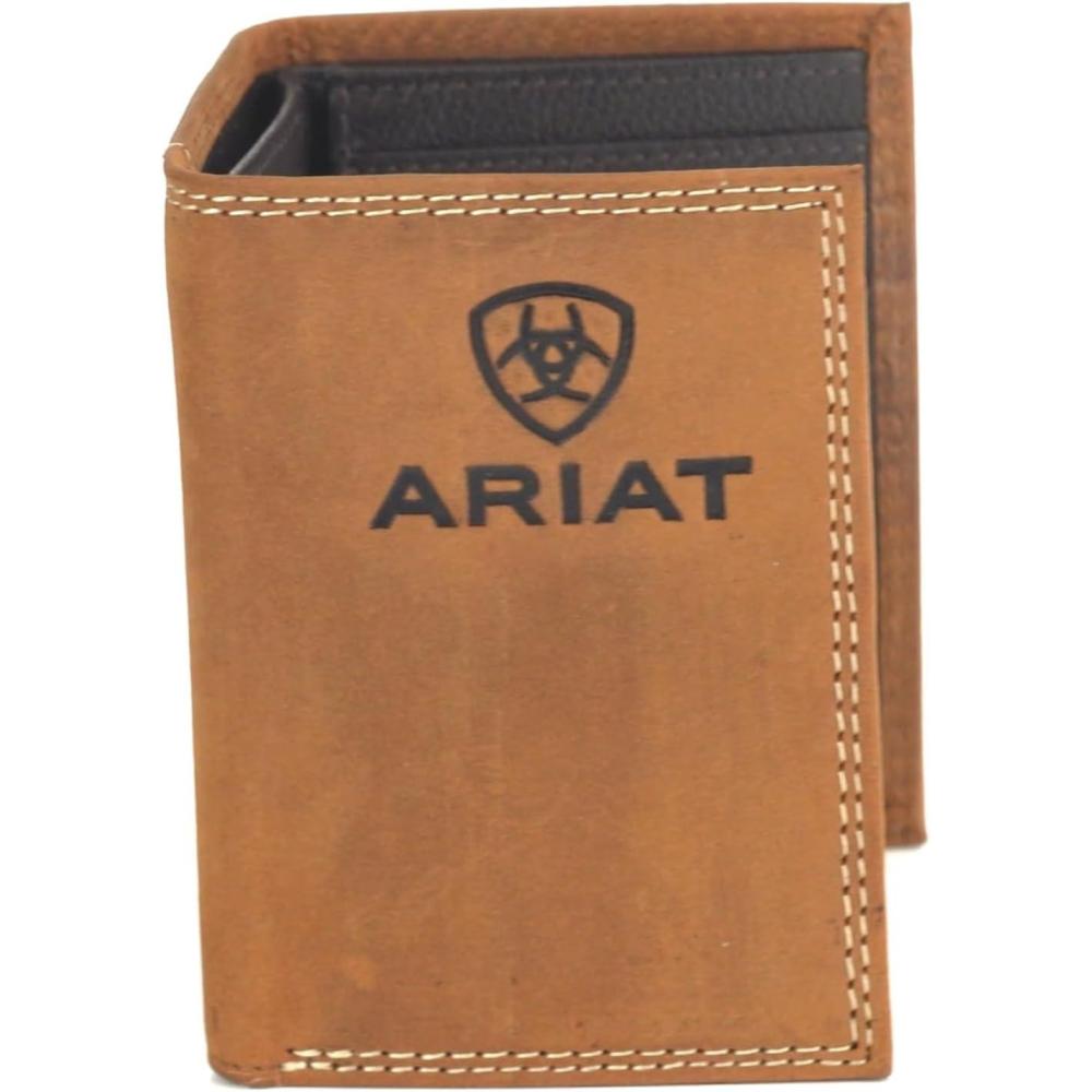 imageARIAT Mens Leather Trifold Wallet with Embossed Logo and Contrast Stitching Medium Brown