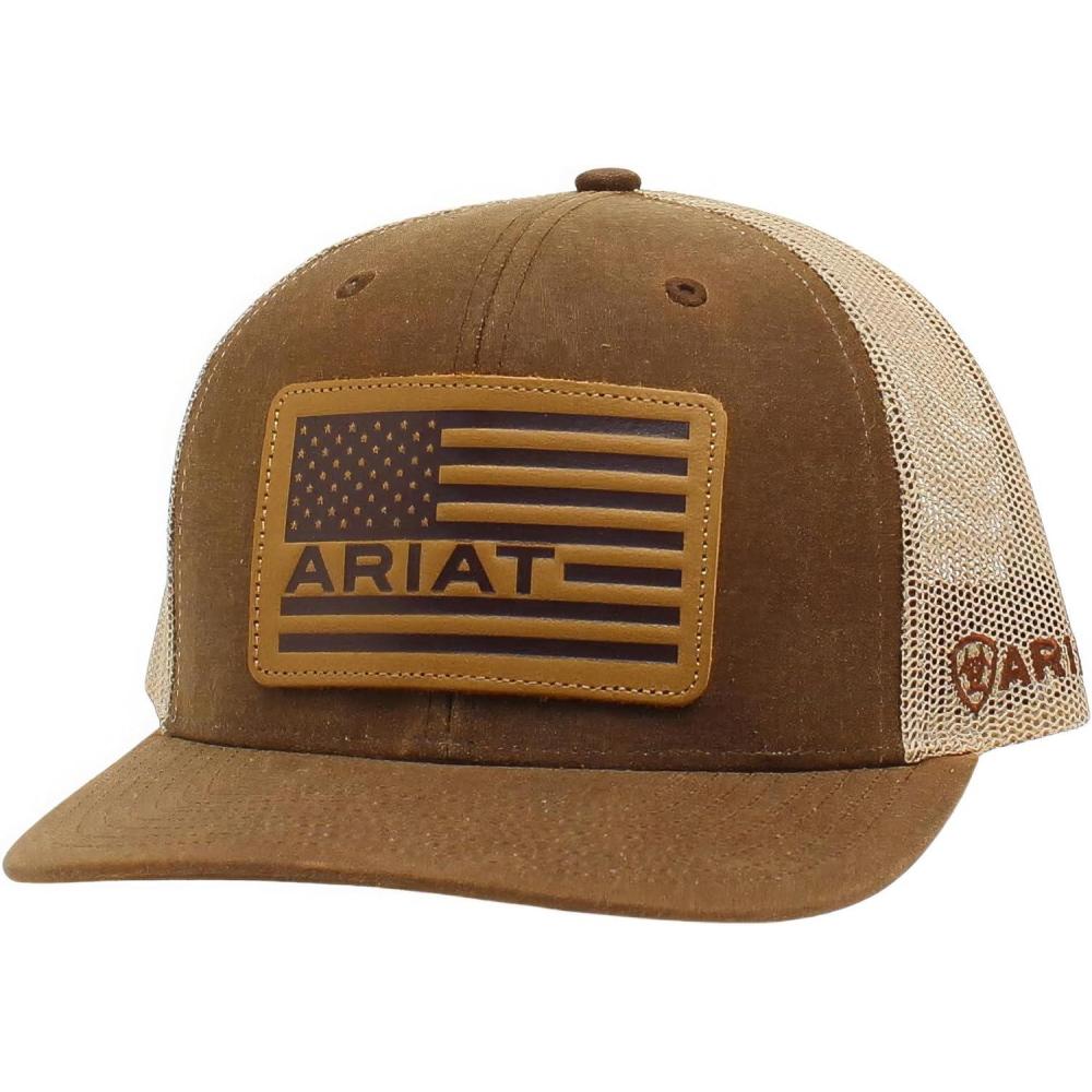 imageARIAT Mens Oilskin Richardson 112 Cap with USA Flag Leather Patch Mesh Back Snap Closure CottonPoly BlendBrown
