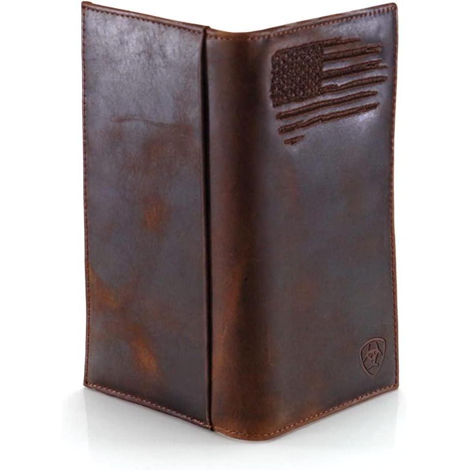 imageARIAT Mens Rodeo Wallet with Distressed USA Flag and Shield Logo Brown Genuine Leather Multiple Compartments 612quot x 312quotBrown