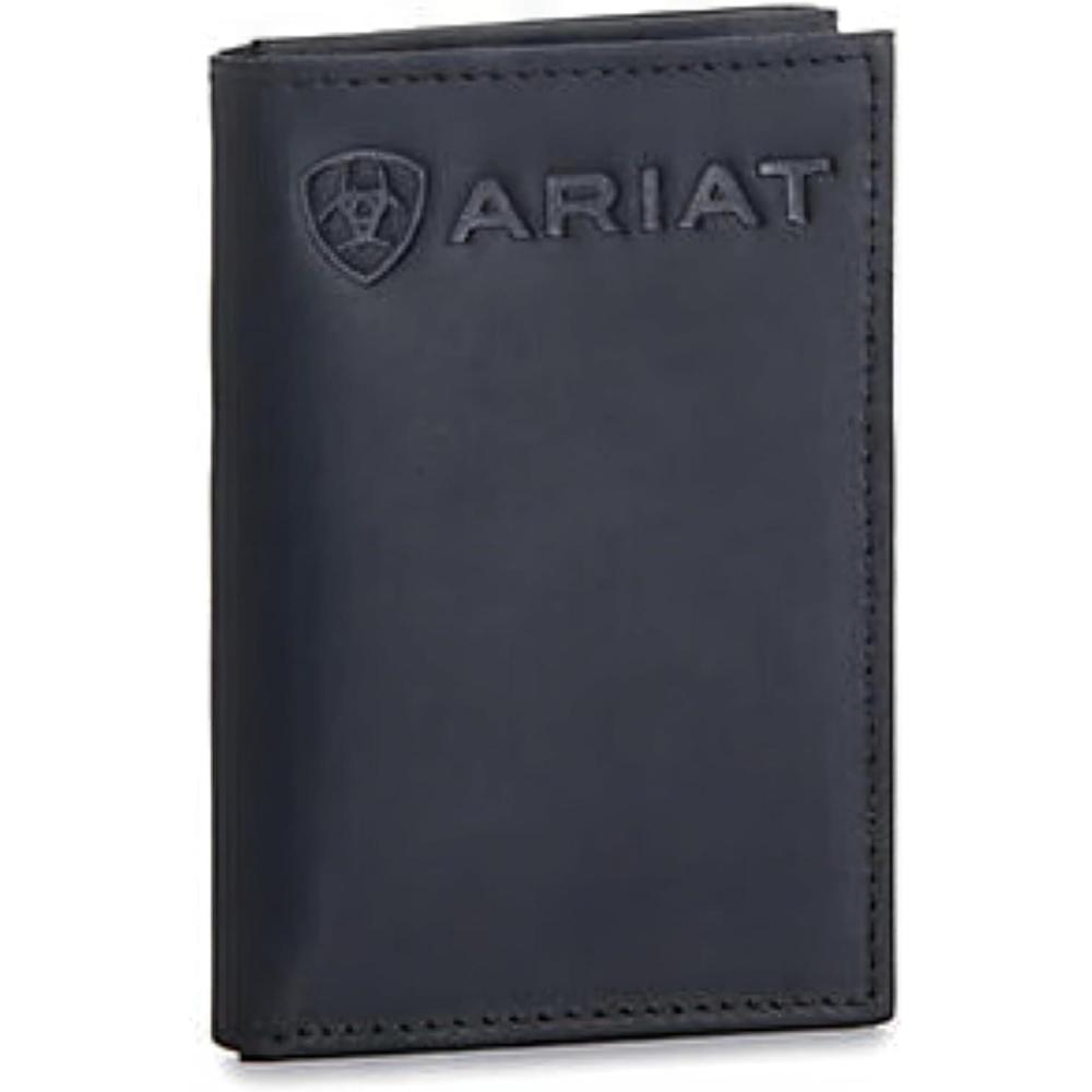 imageARIAT Mens Trifold Wallet with Embossed Logo Genuine Leather BlackBlack