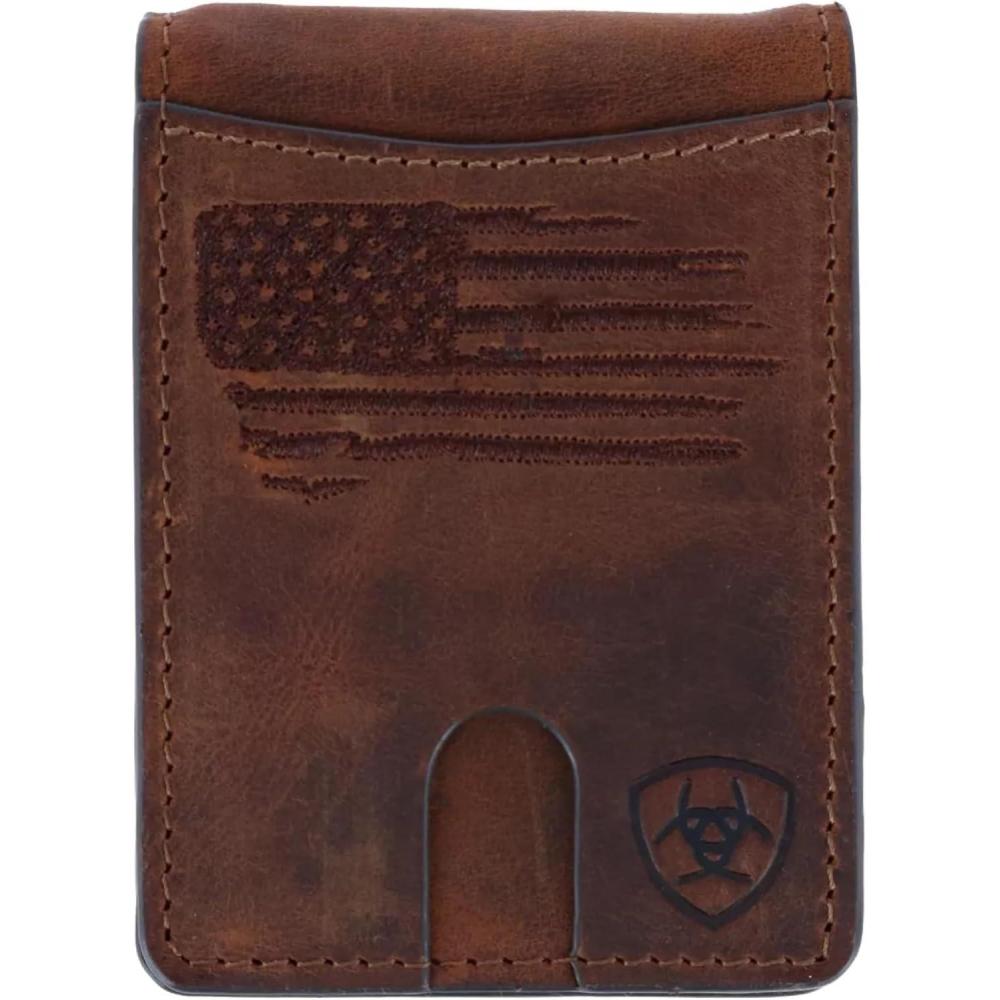 imageARIAT Mens Wallet Brown Genuine Leather Money Clip Style Distressed USA Flag Shield Logo Card Slots ID WindowBrown