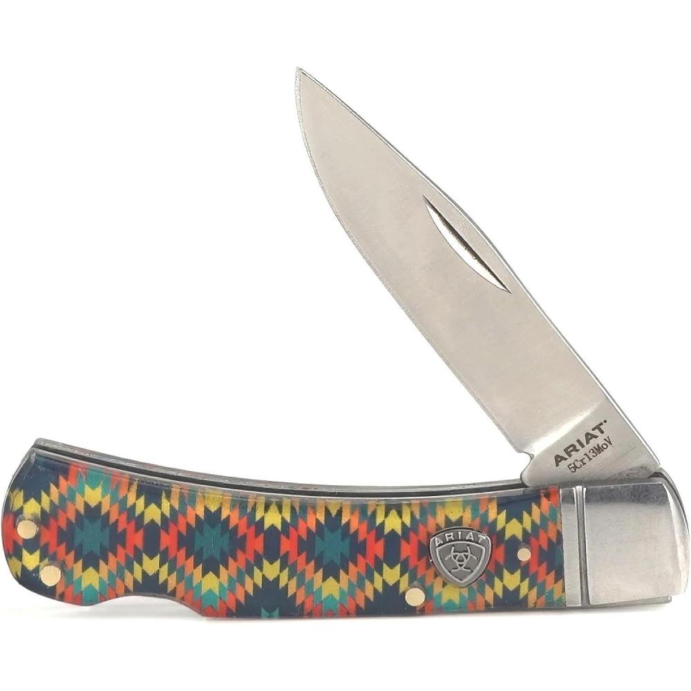 imageARIAT Southwestern Shield Smooth Blade Folding Pocket Knife Multicolor 3 Blade LargeMulticolor Pattern