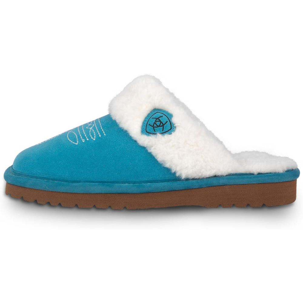 imageARIAT Womens Jackie Square Toe Warm Soft Genuine Suede Leather Indoor Outdoor Slippers with Plush CollarBright Turquoise