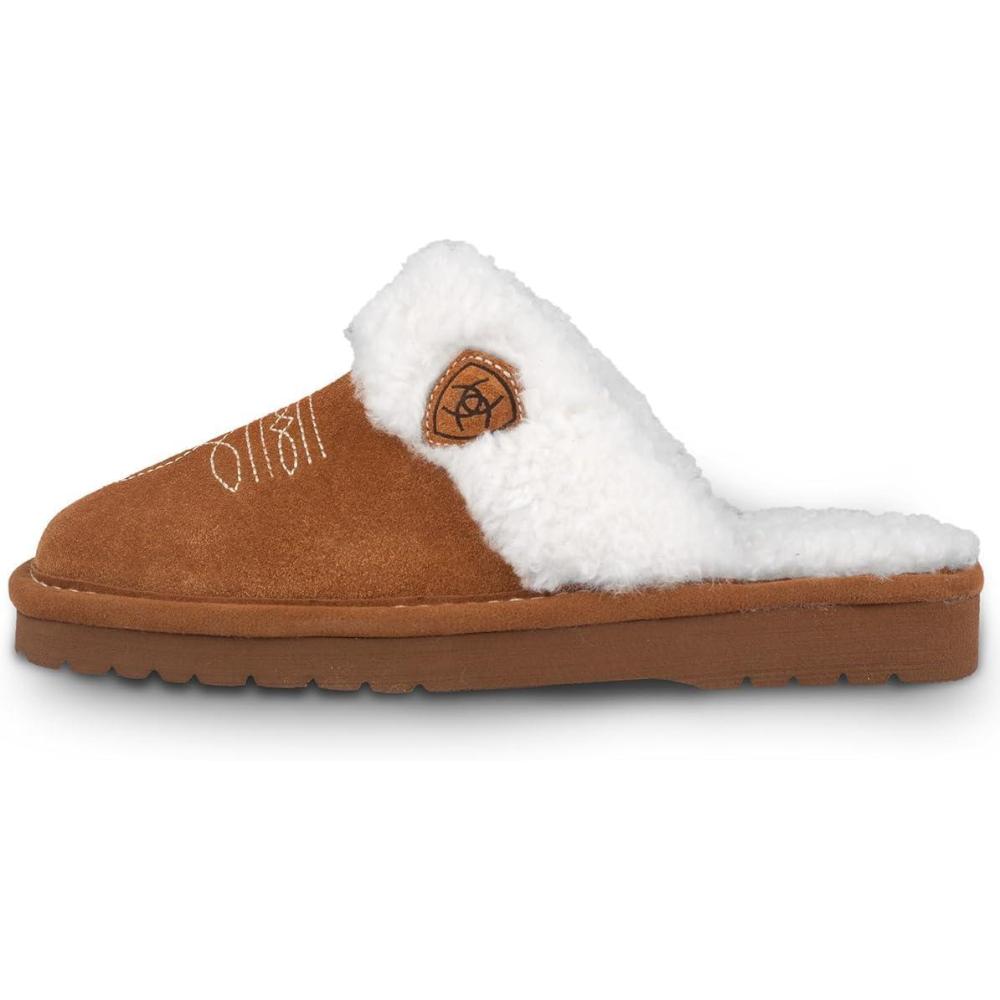 imageARIAT Womens Jackie Square Toe Warm Soft Genuine Suede Leather Indoor Outdoor Slippers with Plush CollarChestnut