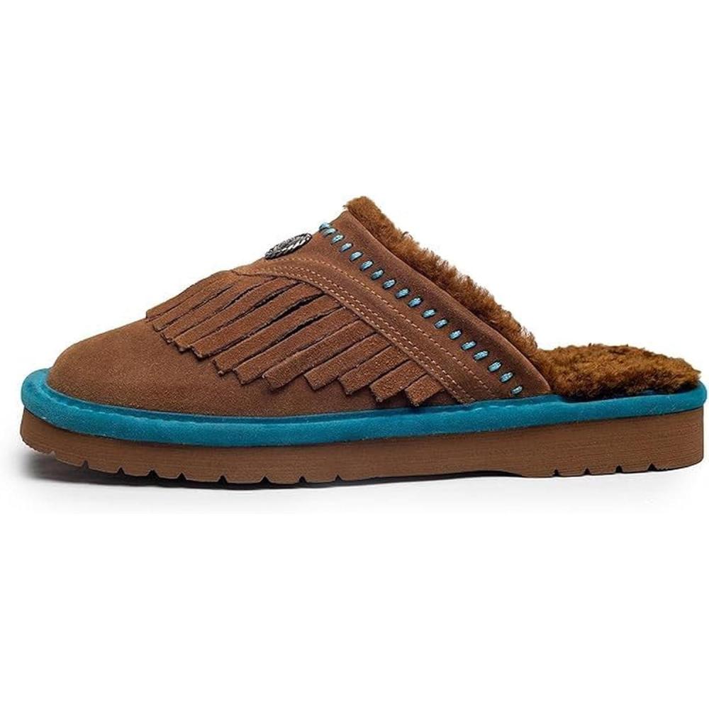 imageARIAT Womens Jackie Square Toe Warm Soft Genuine Suede Leather Indoor Outdoor Slippers with Plush CollarFringe