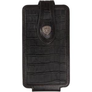 ARIAT Croco Double Stitch Concho Leather Cell Phone Case – Fits iPhone 17 Pro Max/Galaxy S24 Ultra & Similar Phones | Chocolate Trim | Magnetic Flap | 360° Belt Clip | Black, Large (3-3/4 x 6-3/4 in)