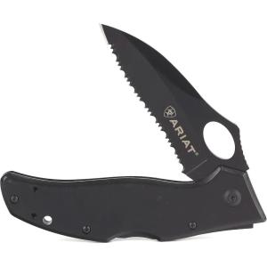 ARIAT Engraved Shield Text Logo Serrated Blade Folding Knife, Black, 3″ Blade (Medium)(Black)