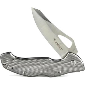 ARIAT Engraved Shield Text Logo Smooth Blade Folding Knife, Grey, 3.5″ Blade (Large)(Grey)