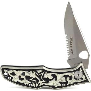 ARIAT German Silver Engraved Hybrid Blade Folding Knife, Silver, 3.5″ Blade (Large)(Black/Silver)