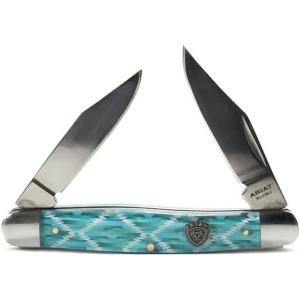 ARIAT Large Muskrat Folding Knife, Tan Wood Handle w/Shield – Two Blades(Turquoise)