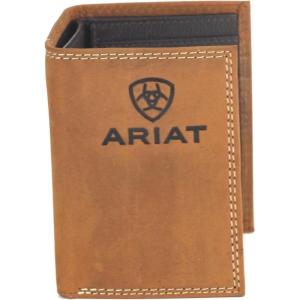 ARIAT Men’s Leather Trifold Wallet with Embossed Logo and Contrast Stitching, Medium Brown