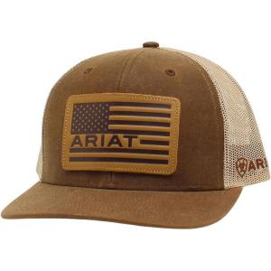 ARIAT Men’s Oilskin Richardson 112 Cap with USA Flag Leather Patch, Mesh Back, Snap Closure, Cotton-Poly Blend(Brown)