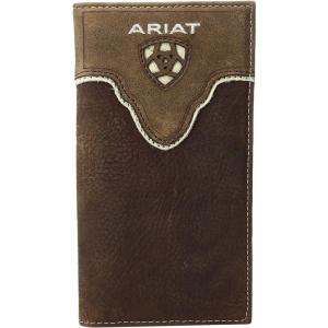 ARIAT Men’s Rodeo Wallet, Distressed Leather, Ivory Trim, Embroidered Lettering with Cutout Shield Logo, Multiple Compartments, ID Slot(Brown)