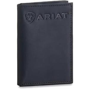 ARIAT Men’s Trifold Wallet with Embossed Logo, Genuine Leather, Black(Black)