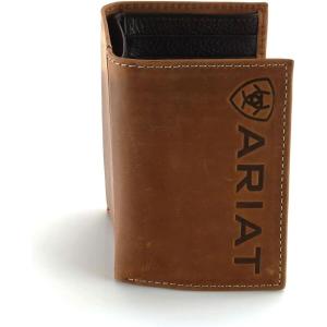 ARIAT Men’s Western Leather Trifold Wallet with Vertical Debossed Logo, Brown