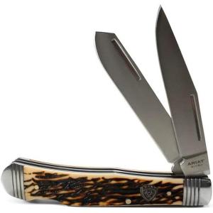 ARIAT Trapper Lockback Folding Knife, 3.38″ Dual Blades (Large) – Natural wood handle logo shield(Black)