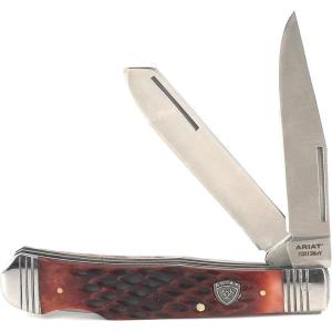 ARIAT Trapper Lockback Folding Knife, 3.38″ Dual Blades (Large) – Natural wood handle logo shield(Brown)