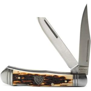 ARIAT Trapper Lockback Folding Knife, 3.38″ Dual Blades (Large) – Natural wood handle logo shield(Tan)
