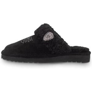 ARIAT Women’s Jackie Square Toe Warm Soft Genuine Suede Leather Indoor Outdoor Slippers with Plush Collar(Black)