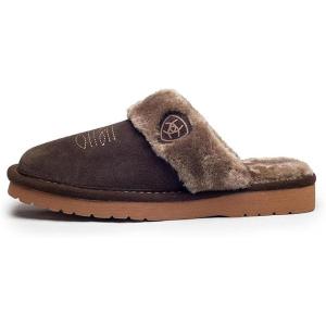 ARIAT Women’s Jackie Square Toe Warm Soft Genuine Suede Leather Indoor Outdoor Slippers with Plush Collar(Chocolate)