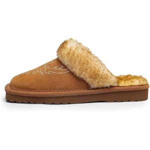 ARIAT Women’s Jackie Square Toe Warm Soft Genuine Suede Leather Indoor Outdoor Slippers with Plush Collar(Embroidery)
