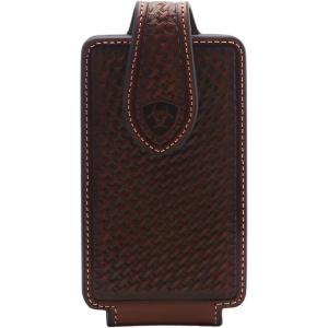Ariat Basketweave Shield Leather Cell Phone Case – Fits iPhone 17/16/15 & Pro, Galaxy S24/S23/S22/S21 & Similar Phones | Magnetic Flap | 360° Belt Clip | Brown, Small (3-1/4 x 5-3/4 in)