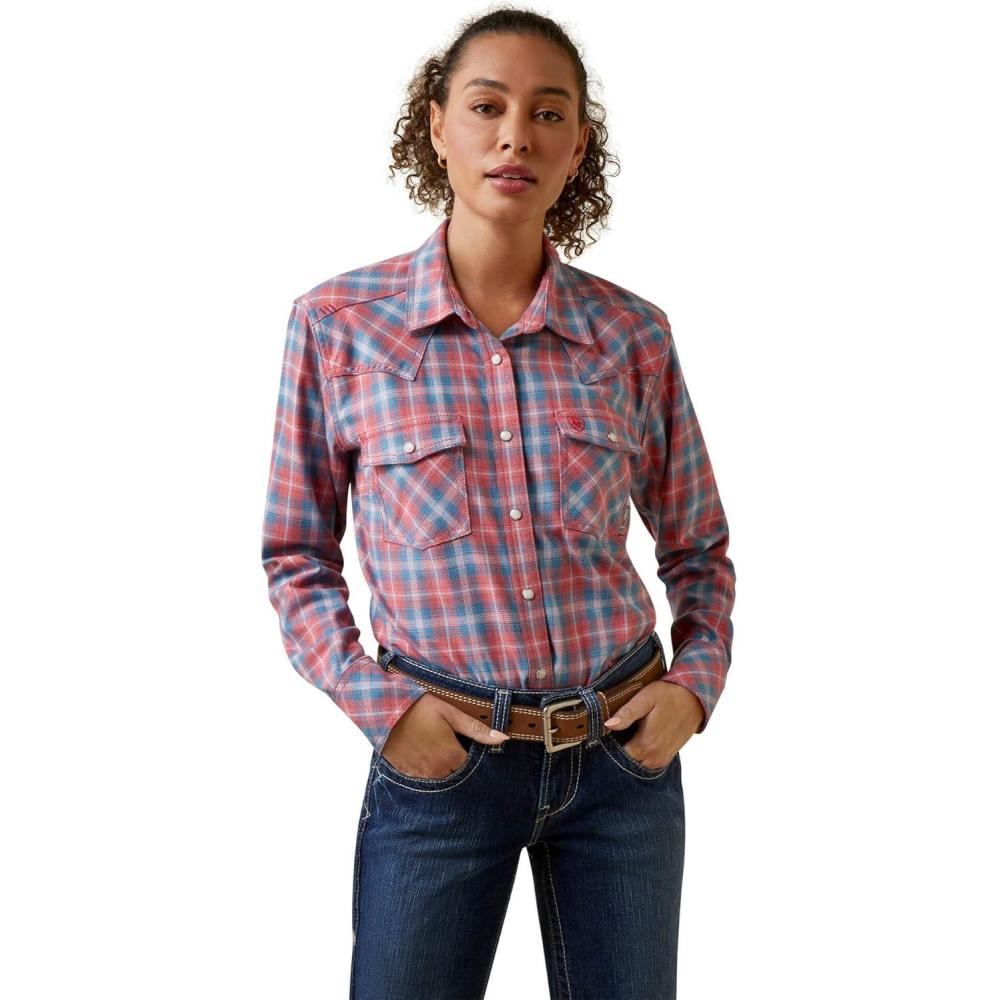 imageARIAT Womens Fr Classen Retro Fit Snap Work ShirtSun Kissed Coral Plaid