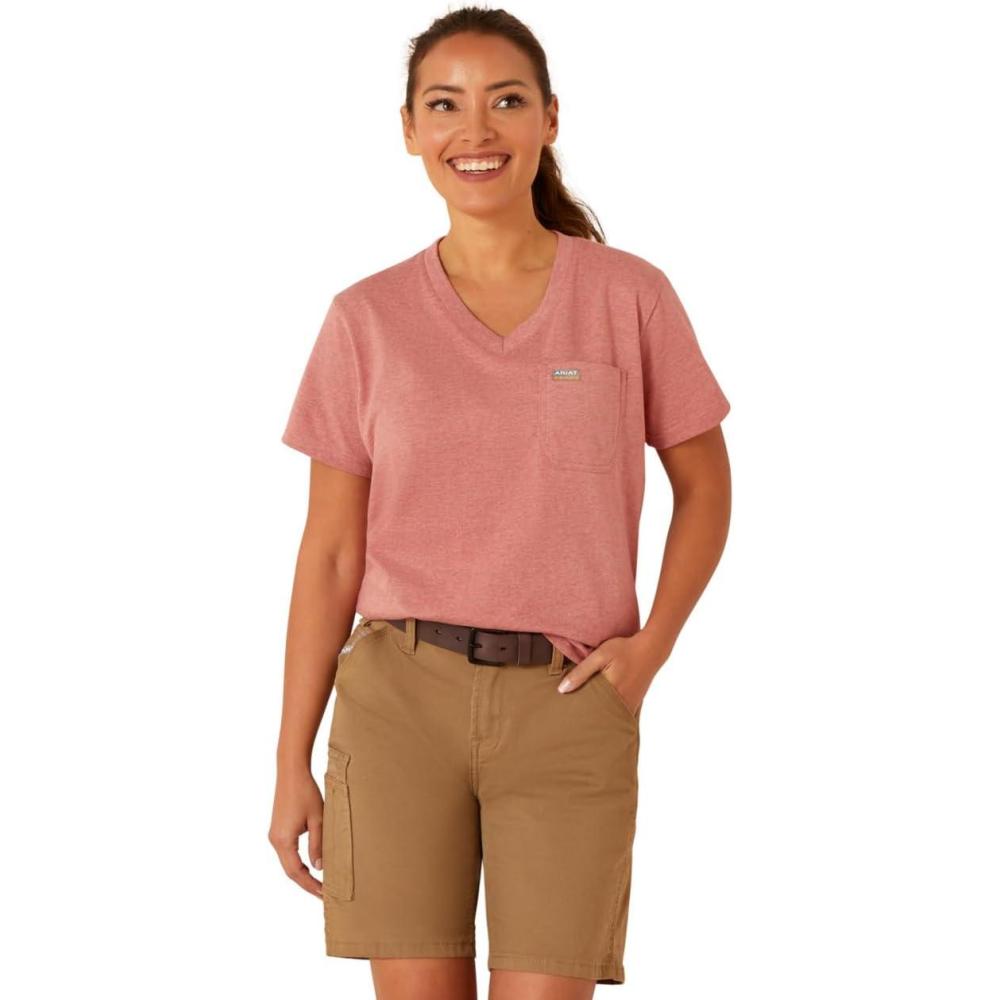 imageARIAT Womens Rebar Cotton Strong VNeck TopMineral Red Heather