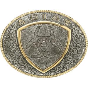 ARIAT Oval Buckle with Shield Logo, Dual Antique Silver and Gold Finish, 3″ x 3-3/4″